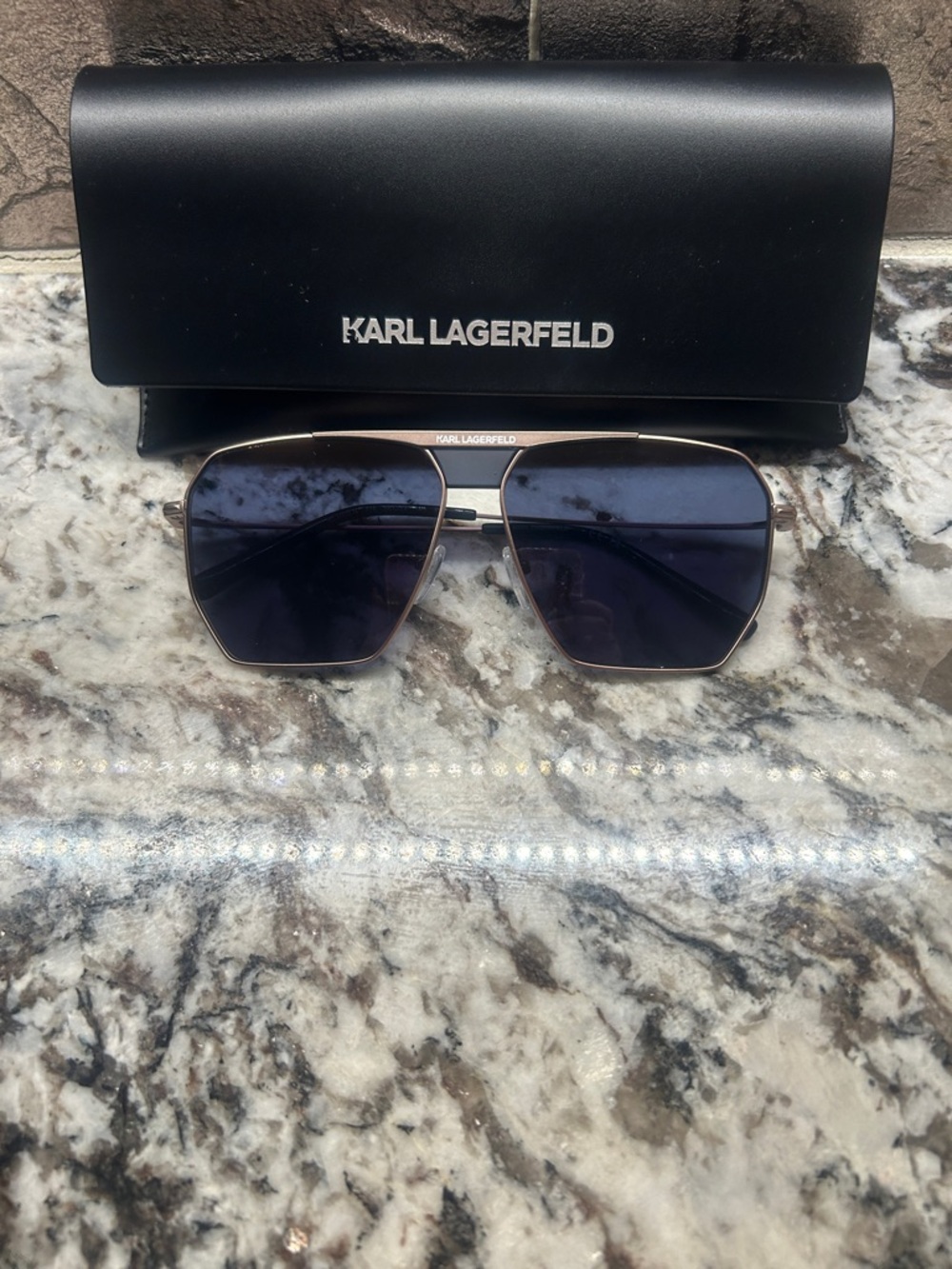 Karl Lagerfeld Gold Frame Sunglasses with Dark Blue Lenses